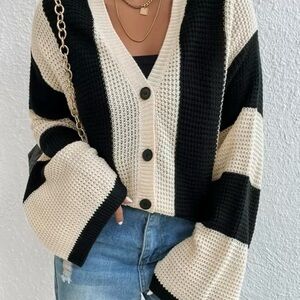 Striped Black and Cream Women's Cardigan Sweater